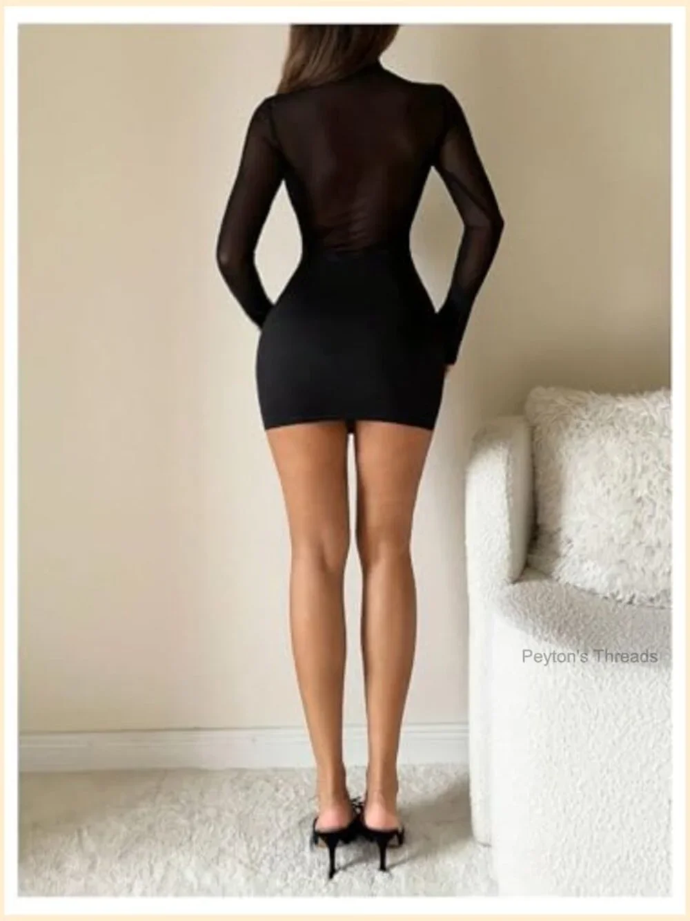 Sheer Mesh Bodycon Mini Dress Long Sleeve Mock Neck Night Out
